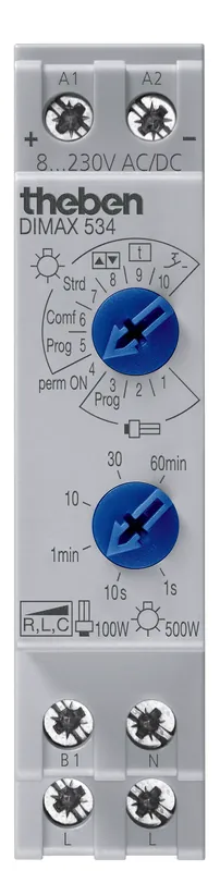 THEBEN 5340001 DIMAX 534 plus Univerzální stmívač na DIN lištu s funkcí usínání, světelnými scénami a schodišťovým světlem, max. 400 W Dokud Zásoby Vydrží