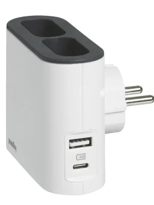 Extra plochá rozbočka, 2x boční zásuvka 230V (2 x 2P / 6 A), 2x nabíjecí USB A+C, s držákem smartphonu – barva bílá a tmavě šedá Poslední Šance