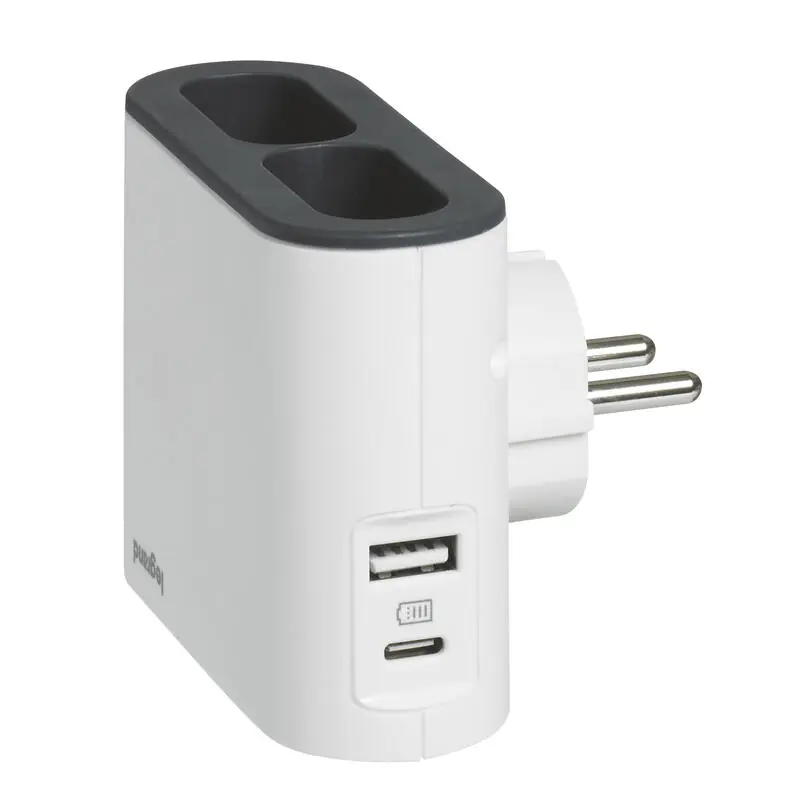 Extra plochá rozbočka, 2x boční zásuvka 230V (2 x 2P / 6 A), 2x nabíjecí USB A+C, s držákem smartphonu – barva bílá a tmavě šedá Poslední Šance