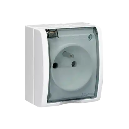 Zásuvka silová 1 násobná (přístroj s krytem), IP54, s uzemněním, se clonkami, průhledné víčko, 16 A / 250 V~, šroubové svorky, Aquarius, barva bílá Objednat Nyní