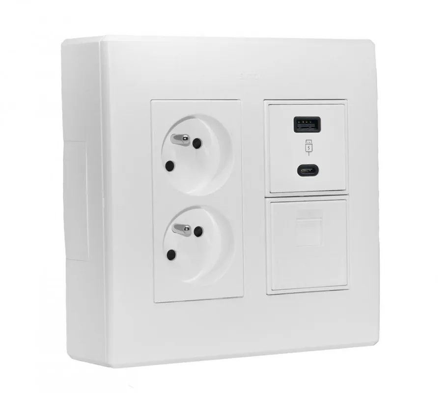 Nástěnný box S500, 1x dvojzásuvka 250V, 1x USB nabíječka A+C, 1x RJ45 cat. 6, barva bílá Cenově Výhodný