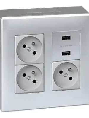 Nástěnný box S500, 3x zásuvka 250V + 2x USB nabíječka, bez kabelu, povrch hliník Cenová Bomba