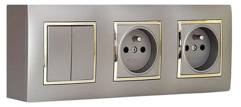 Nástěnný zásuvkový blok, 2x 250V/16A + 1x vypínač č.5 (lustrák), šedé metalizované barvy se zlatým ozdobným rámem, bez kabelu Finální Výprodej